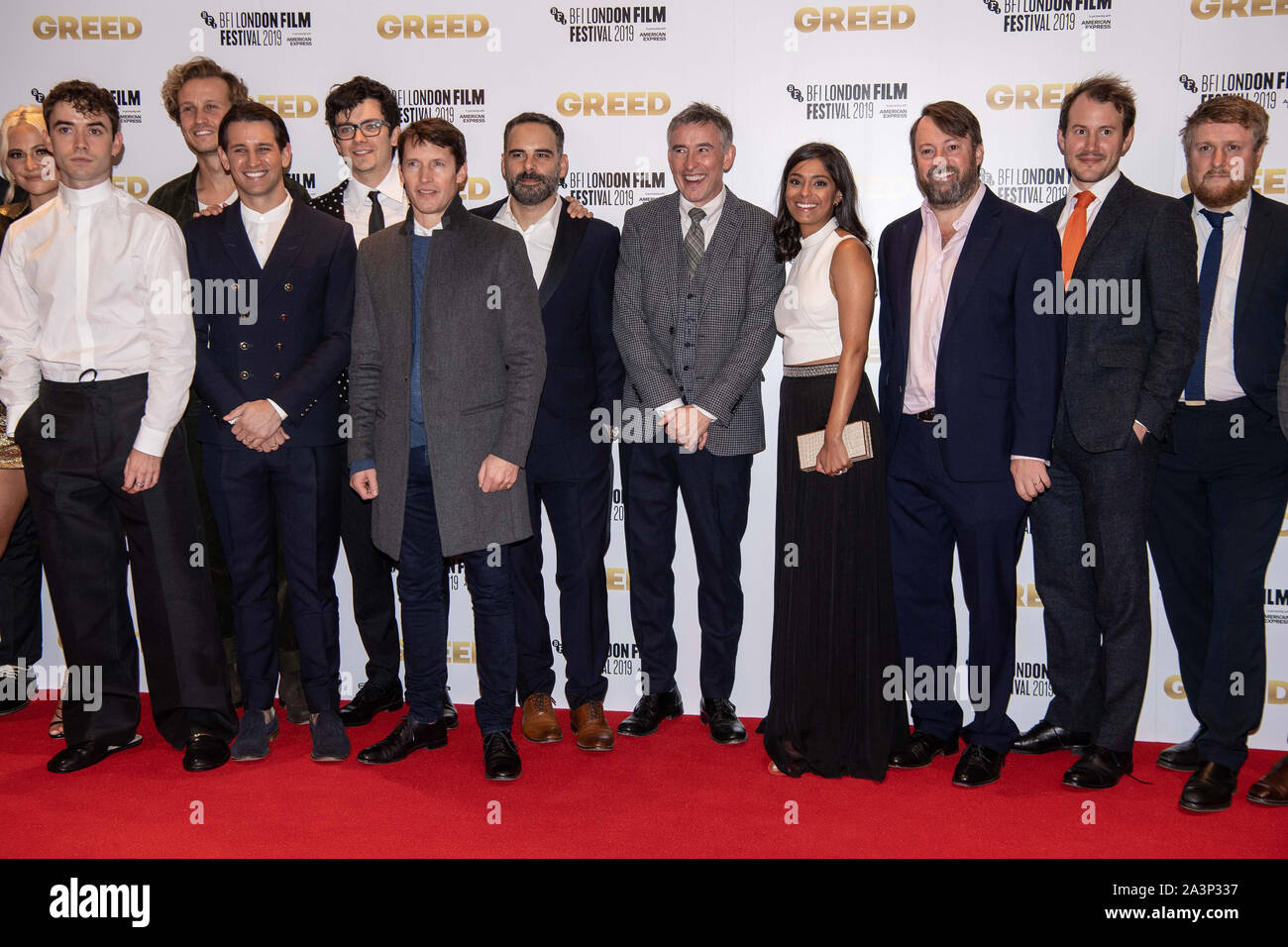 Pixie Lott, Jamie Blackley, Matthew Bentley, Ollie Locke, Asa Butterfield, James Blunt, Manolis Emmanouel, Steve Coogan, Dinita Gohil, David Mitchell, Jonny Sweet, Tim Key, Christophe De Choisy and Michael Winterbottom attending the Greed European Premiere as part of the BFI London Film Festival 2019 held at the Odeon Luxe, Leicester Square in London. PA Photo. Picture date: Wednesday October 9, 2019. Photo credit should read: PA Wire Stock Photo