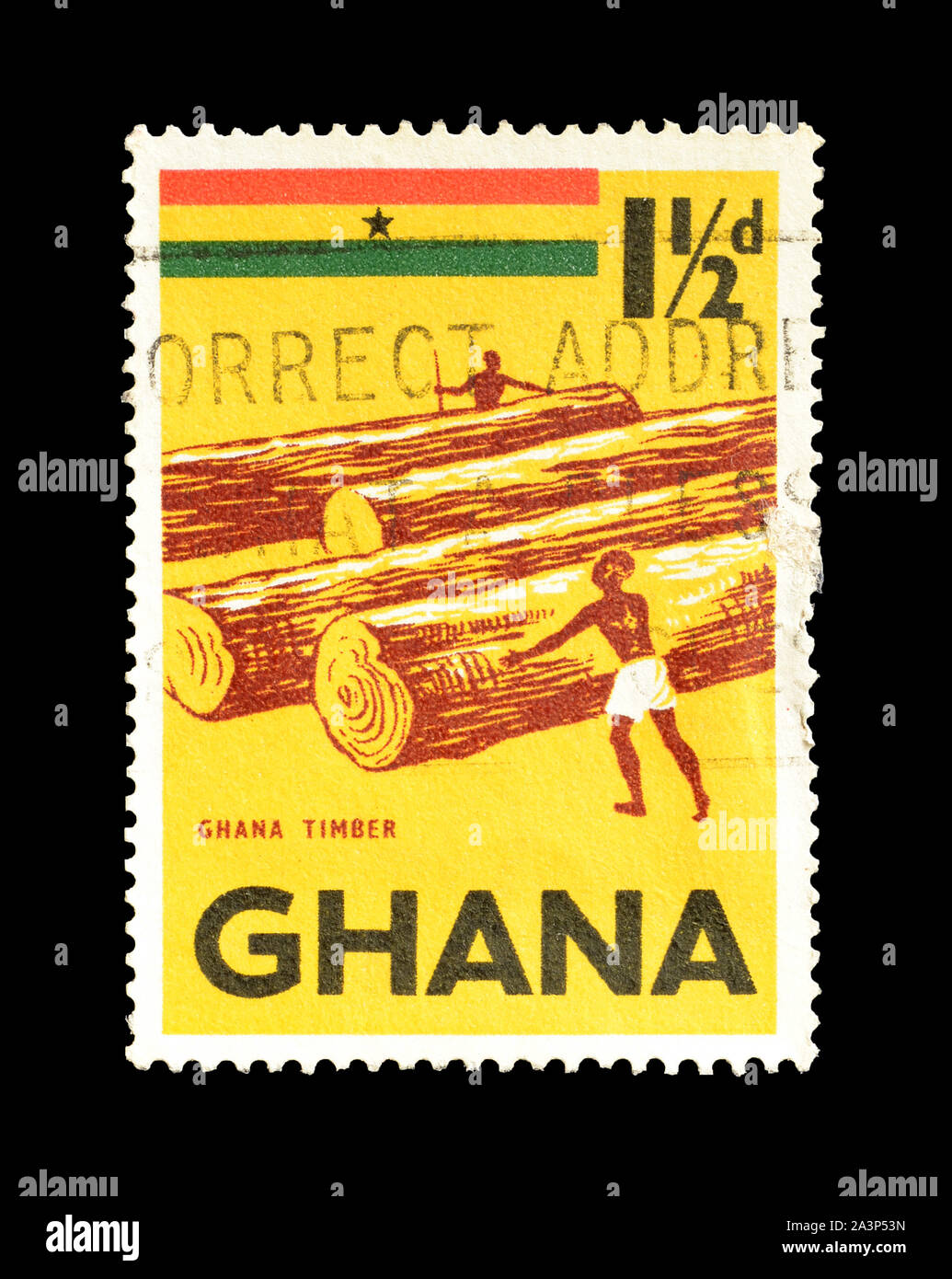 Cancelled postage stamp printed by Ghana, that shows Ghana Timber
