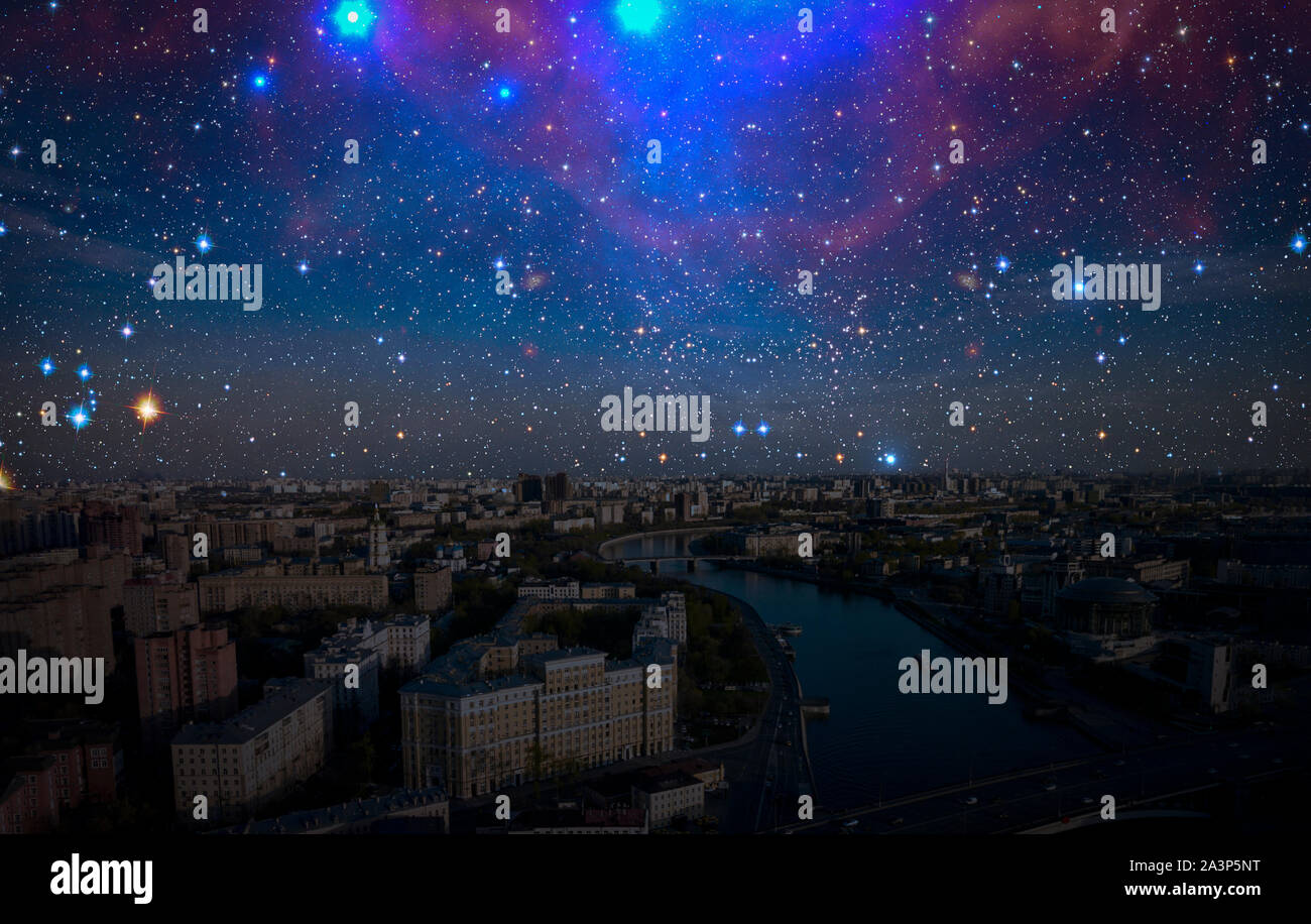 night sky with many stars over the urban city landscape Stock Photo - Alamy