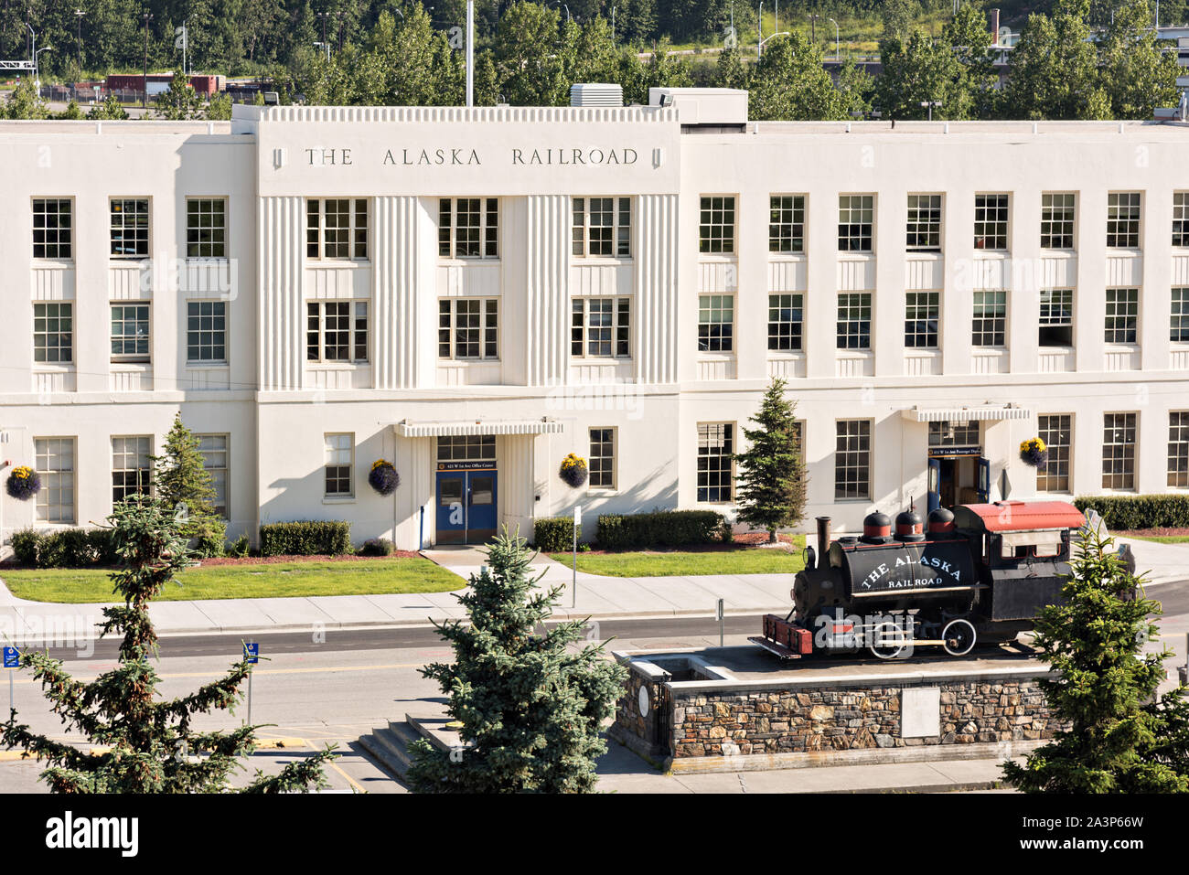 The Alaska Railroad depot in downtown Anchorage, Alaska. The Moderne