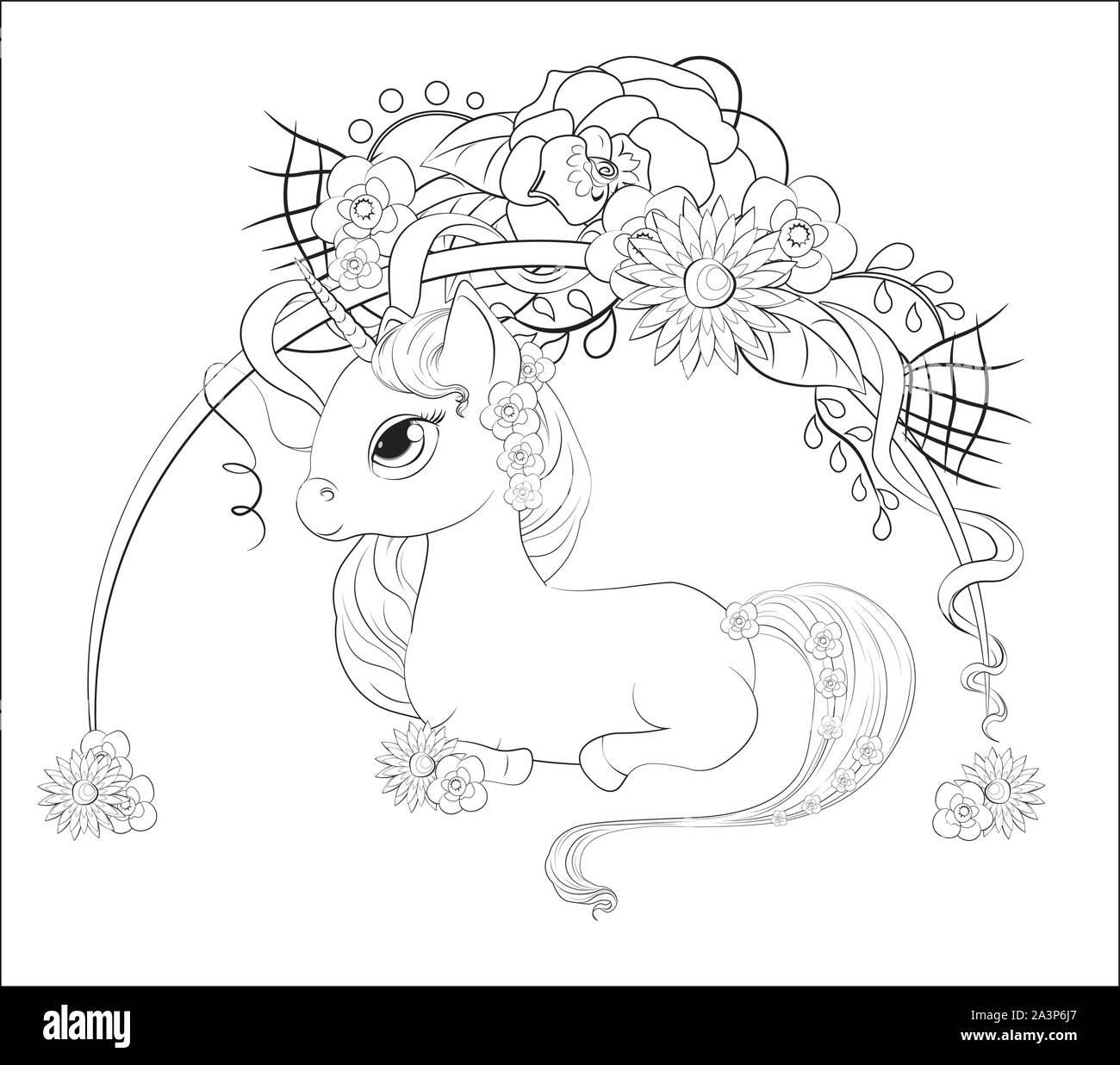 Coloring book, Magic unicorn in the flower garden. The picture in ...