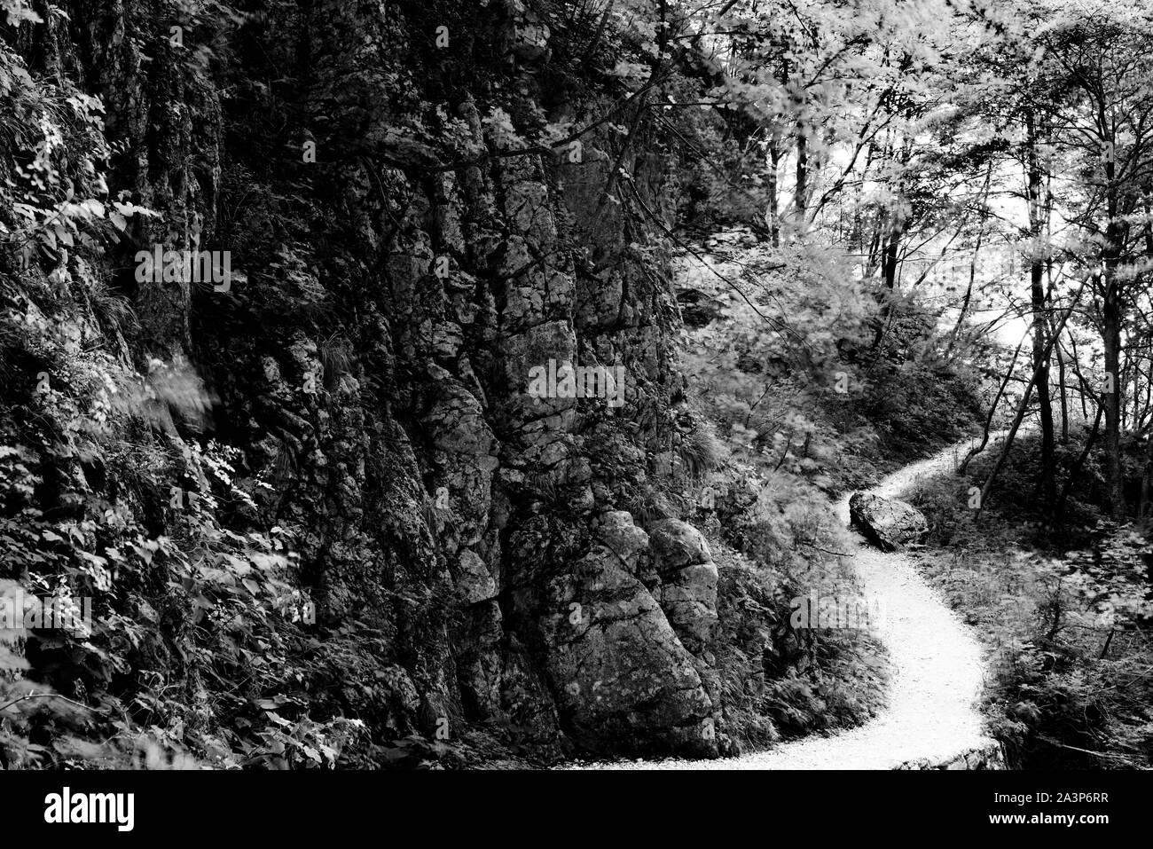 Mountain path interrupted by a boulder obstacle fallen from above Stock Photo