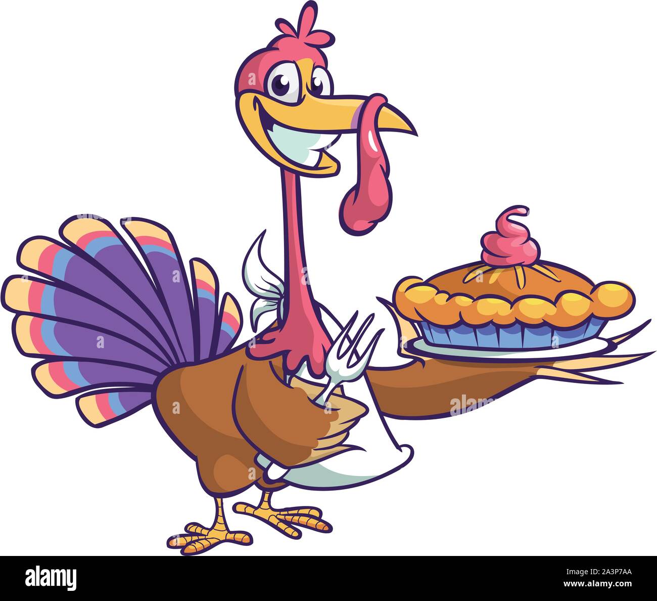 Thanksgiving Cartoon Turkey bird holding fork and pie isolated. Vector illustration of funny turkey character clipart Stock Vector