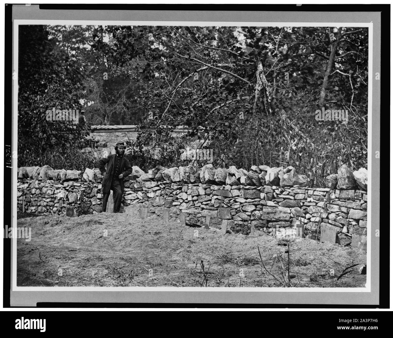 Soldier standing at graves of Federal soldiers, along stone fence, at Burnside Bridge, Antietam, Maryland Stock Photo