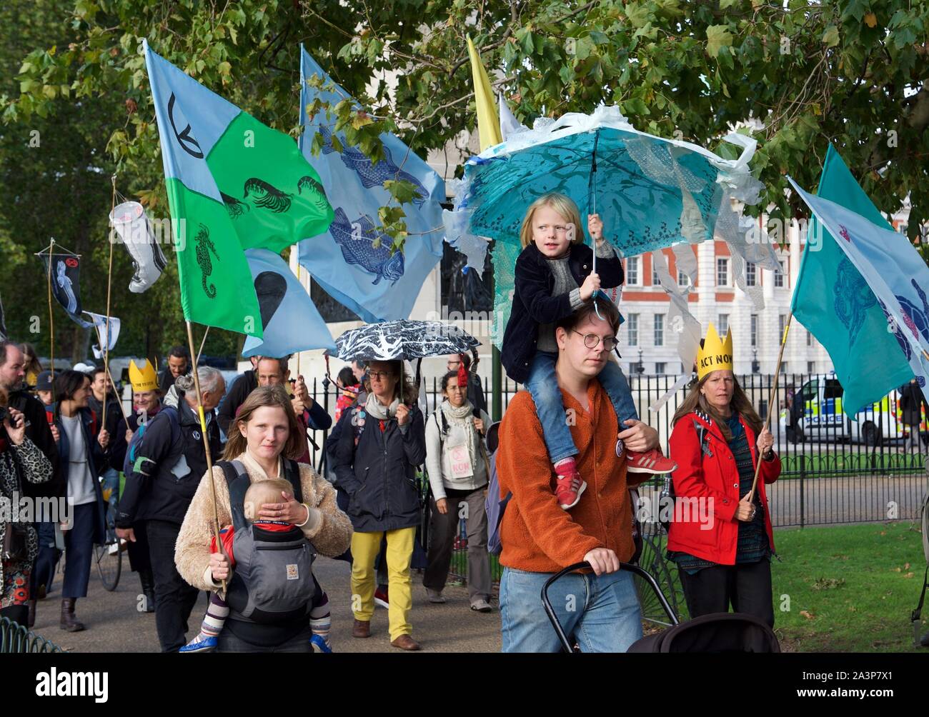 London, UK. 09th Oct, 2019. Environmental activists from Extinction Rebellion protest marching in London on 09 October 2019 in London, England. Protesters plan to blockade the London government district for a two week period, as part of 'International Rebellion' taking place in over 60 cities around the world, calling for decisive and immediate action from governments in the face of climate and ecological emergency. Photo by Alan Stanford. Credit: PRiME Media Images/Alamy Live News Stock Photo