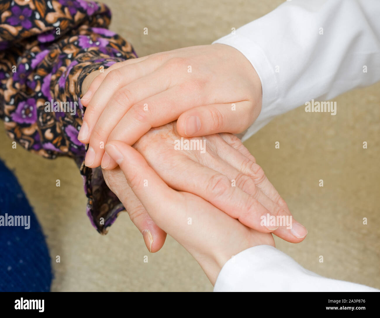 The doctor holding an elderly woman's hand. Stock Photo