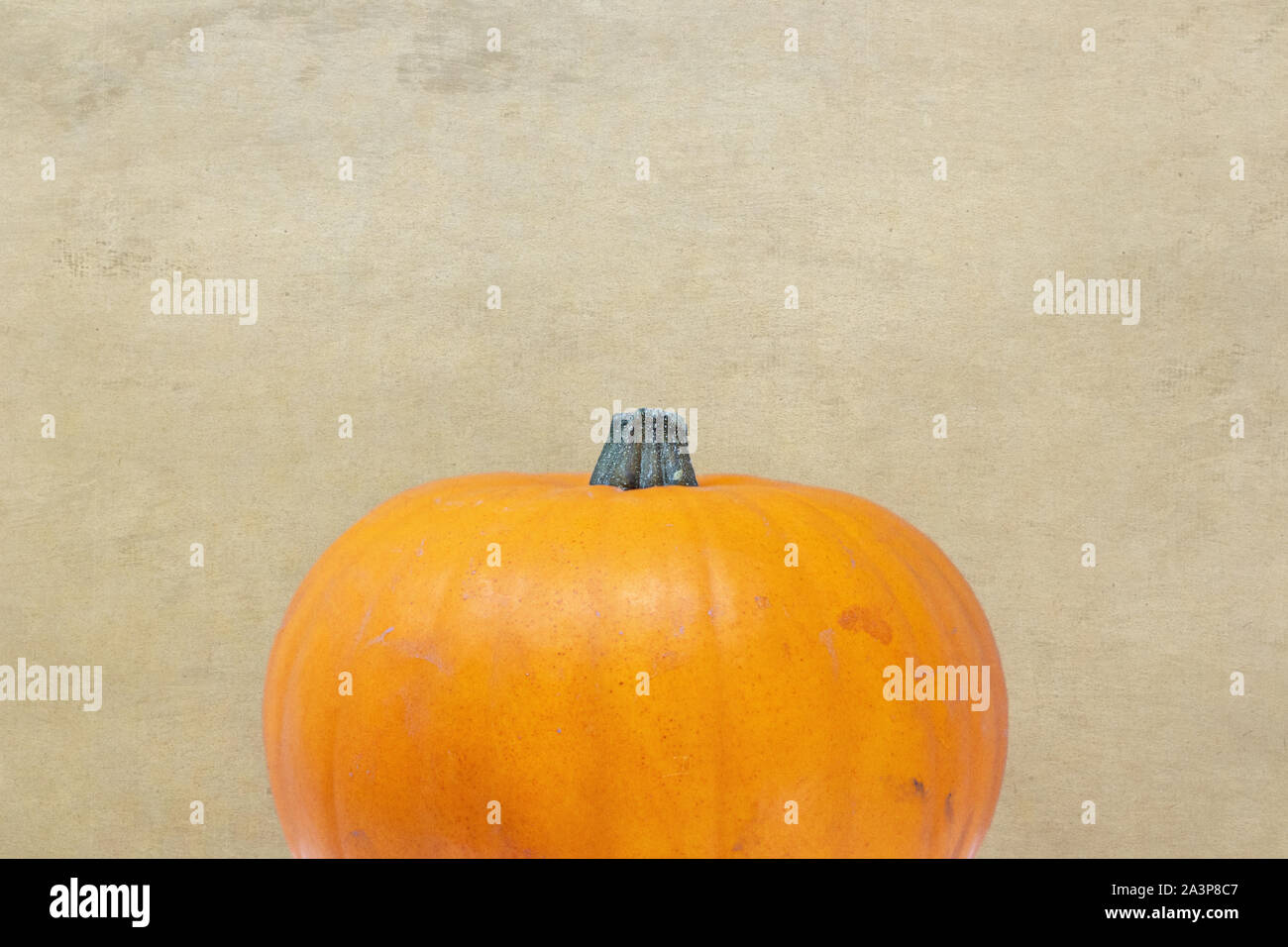 Pumpkin top against a textured rustic background. Fall concept with copy space Stock Photo
