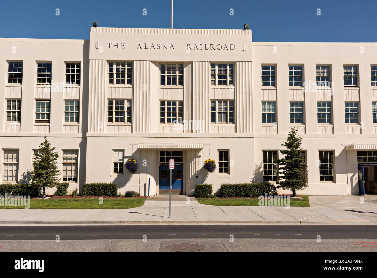 The Alaska Railroad depot in downtown Anchorage, Alaska. The Moderne