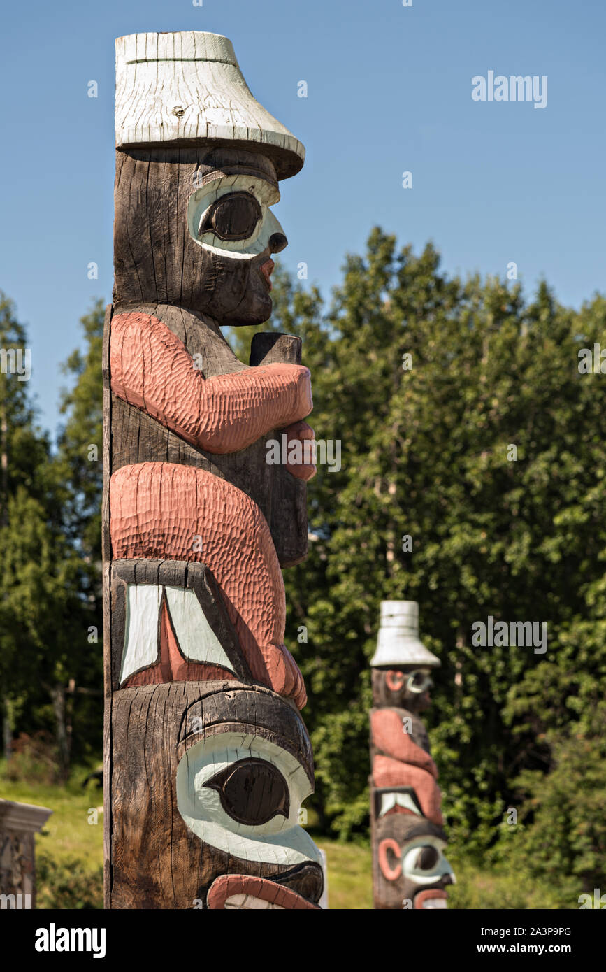 Traditional Native American totem pole outside the Alaska Railroad