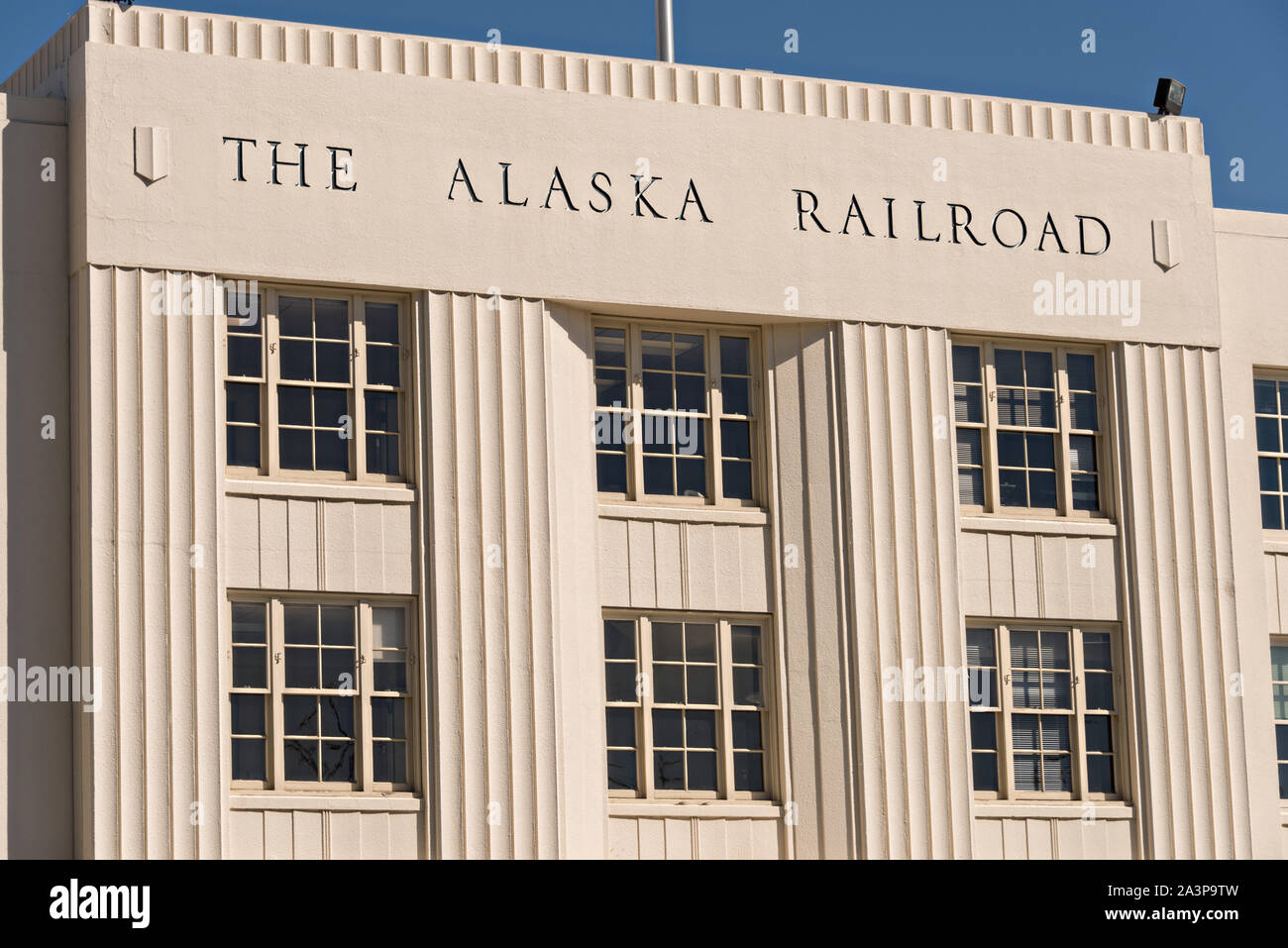 The Alaska Railroad depot in downtown Anchorage, Alaska. The Moderne