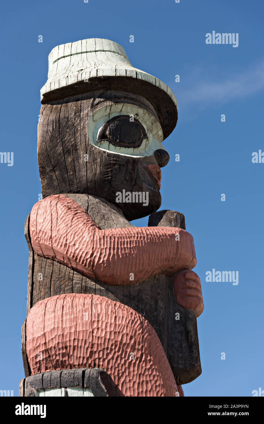Traditional Native American totem pole outside the Alaska Railroad