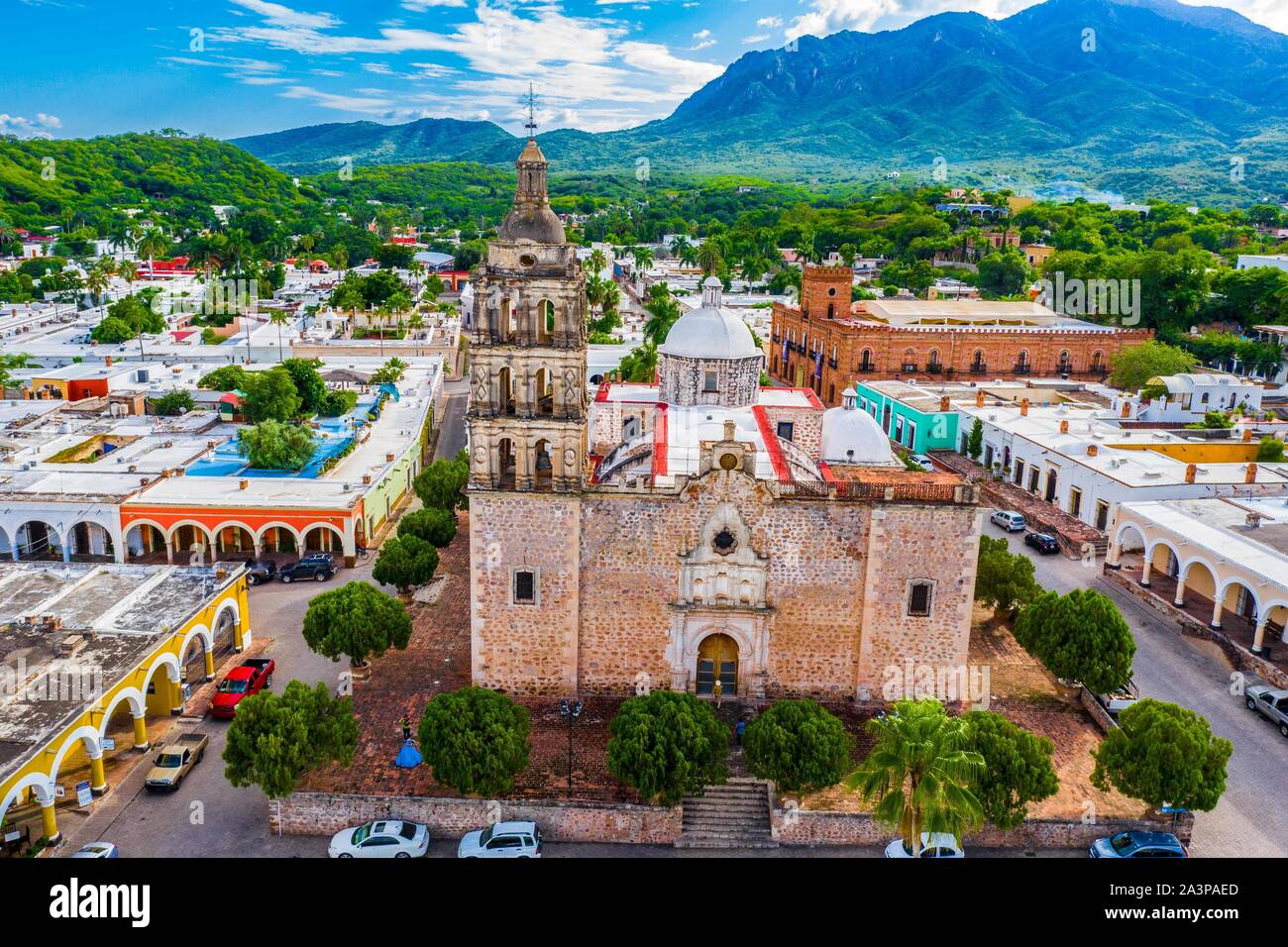 Alamos Sonora Mexico, aerial view of the Magical Town and Church of the