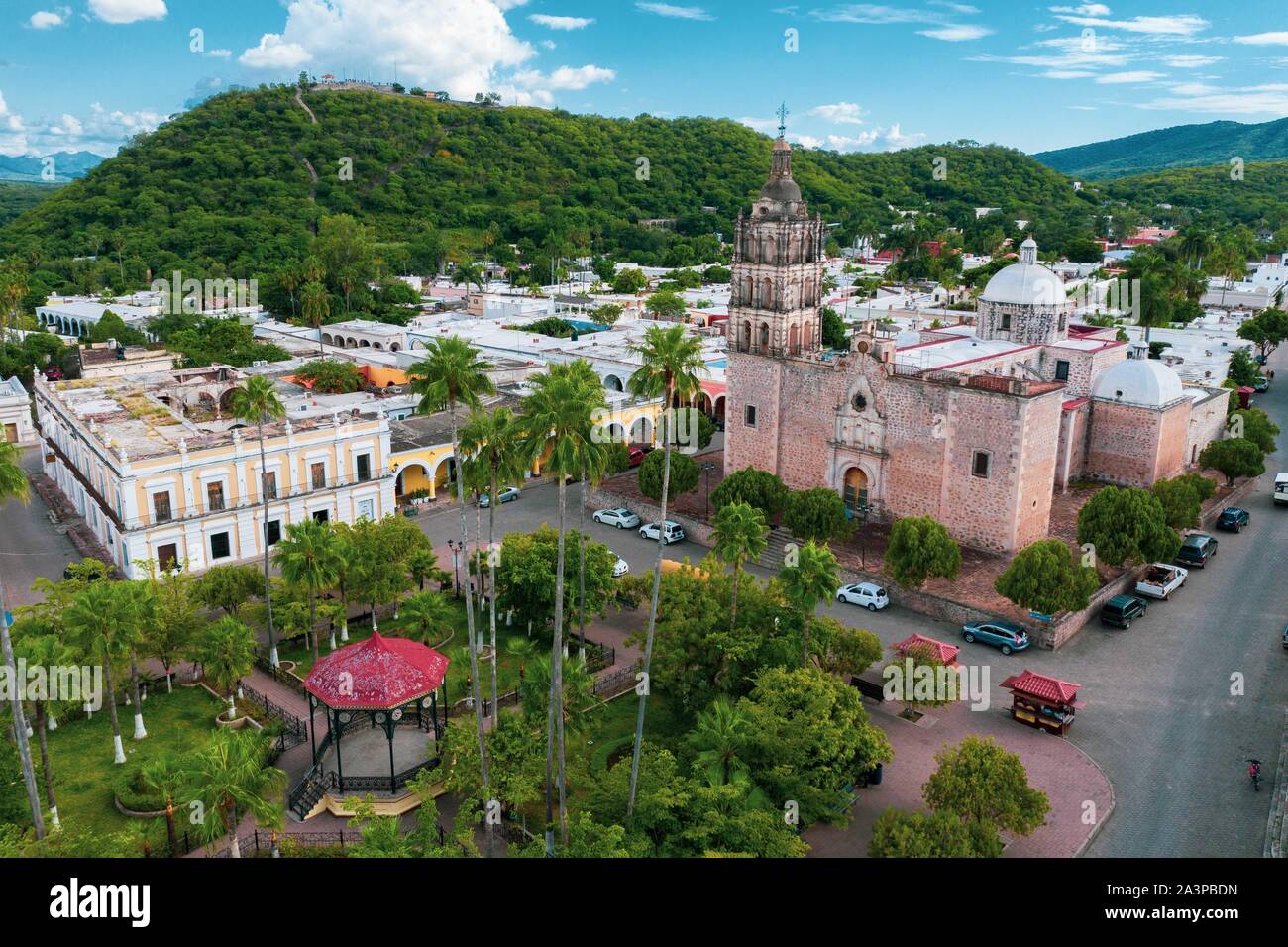 Alamos Sonora Mexico, aerial view of the Magical Town and Church of the