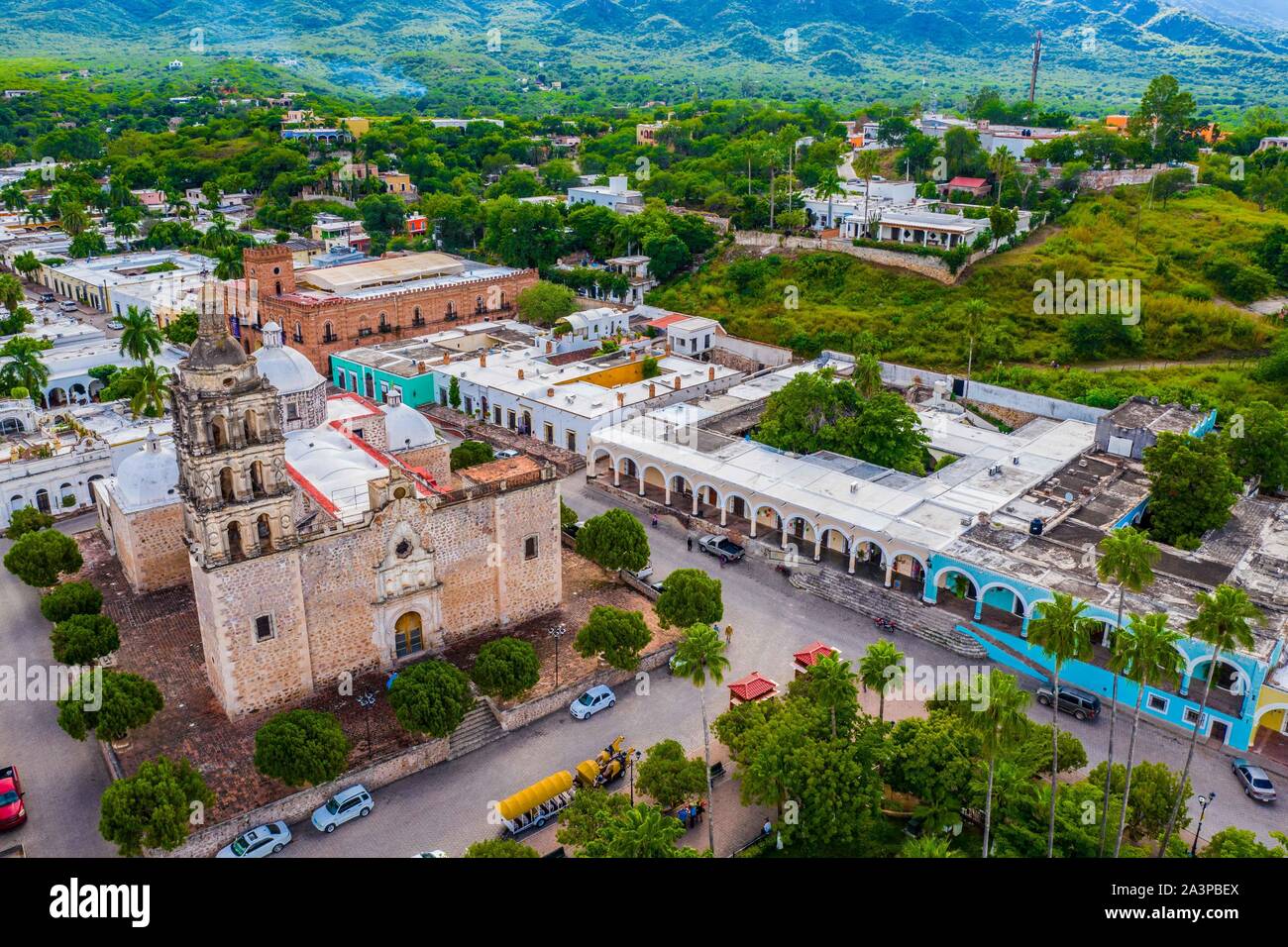 Alamos Sonora Mexico, aerial view of the Magical Town and Church of the