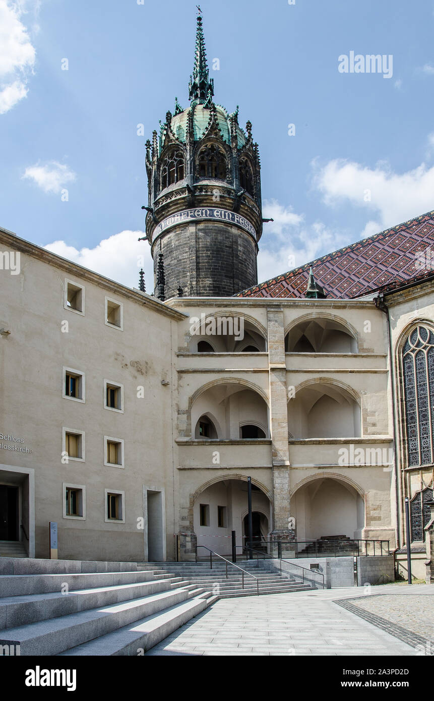 Wittenberg is home to numerous historical sites. On the doors of All Saints' Church Martin Luther is said to have nailed his 95 theses in 1517. Stock Photo