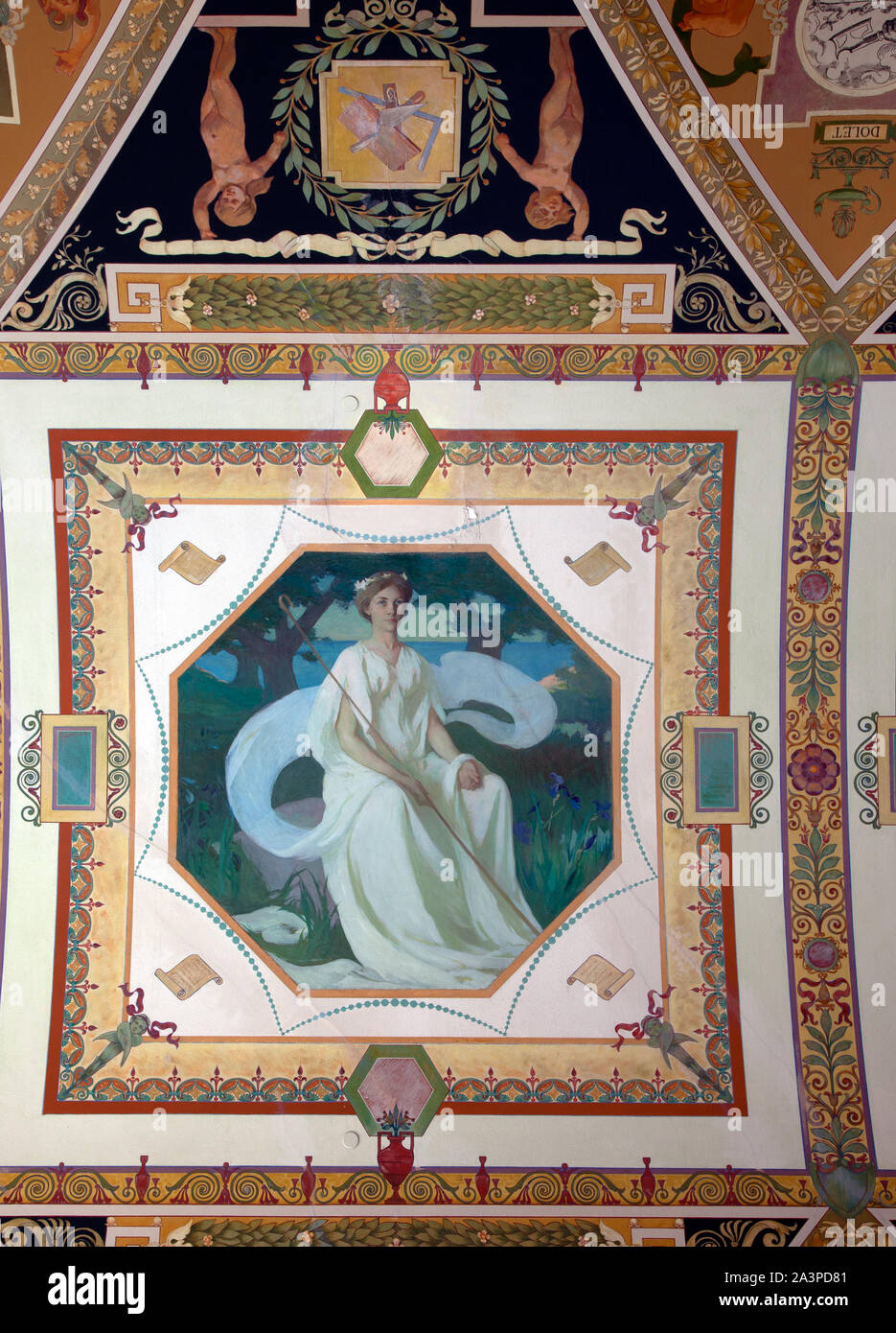 South Corridor, Second floor. Mural depicting one of the three graces, Aglaia (Husbandry), by Frank Weston Benson. Library of Congress Thomas Jefferson Building, Washington, D.C. Stock Photo