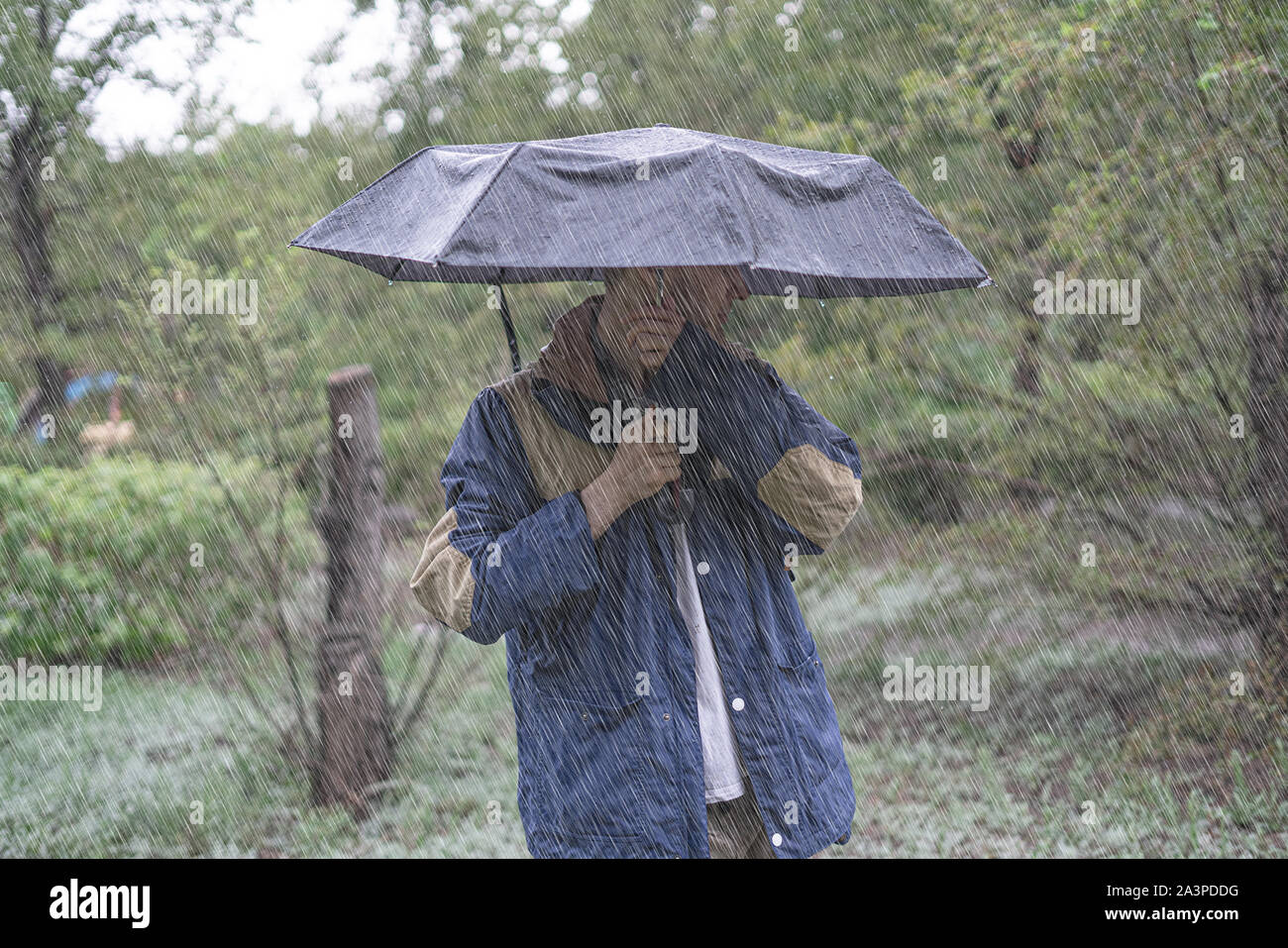 young man standing under the umbrella protect from heavy tropical rain in forests Stock Photo