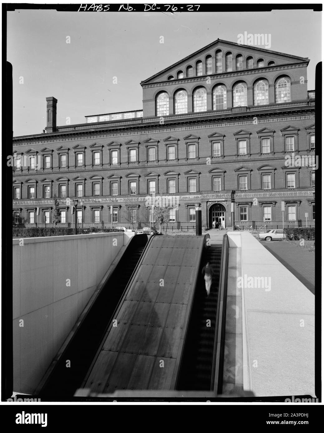 SOUTH FACADE, CENTRAL SECTION English: 27. DETAIL, SOUTH FACADE, CENTRAL SECTION (ESCALATORS TO METRO SUBWAY IN FOREGROUND) - Pension Building, 440 G Street Northwest, Washington, District of Columbia, DC Stock Photo