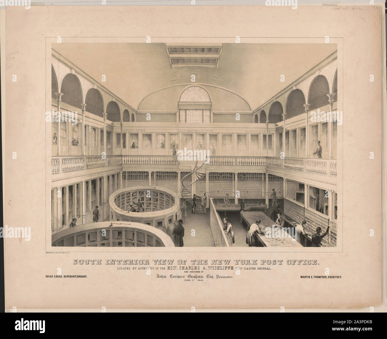 South interior view of the New York post office, located by authority of the Hon. Charles A. Wickliffe Post Master General, and arranged by John Lorimer Graham Esq. Postmaster. Fer. 1st 1845 Stock Photo