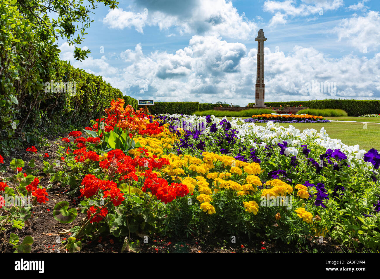 Colour landscape photograph of colourful flower displays installed within Poole park, Dorset, England. Stock Photo