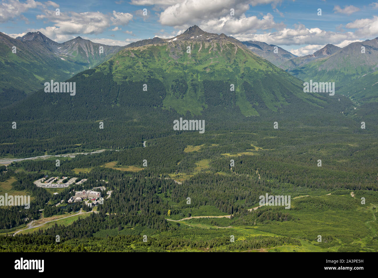 View of the Chugach Mountains and the Mt. Alyeska Resort in Girdwood, Alaska. Stock Photo
