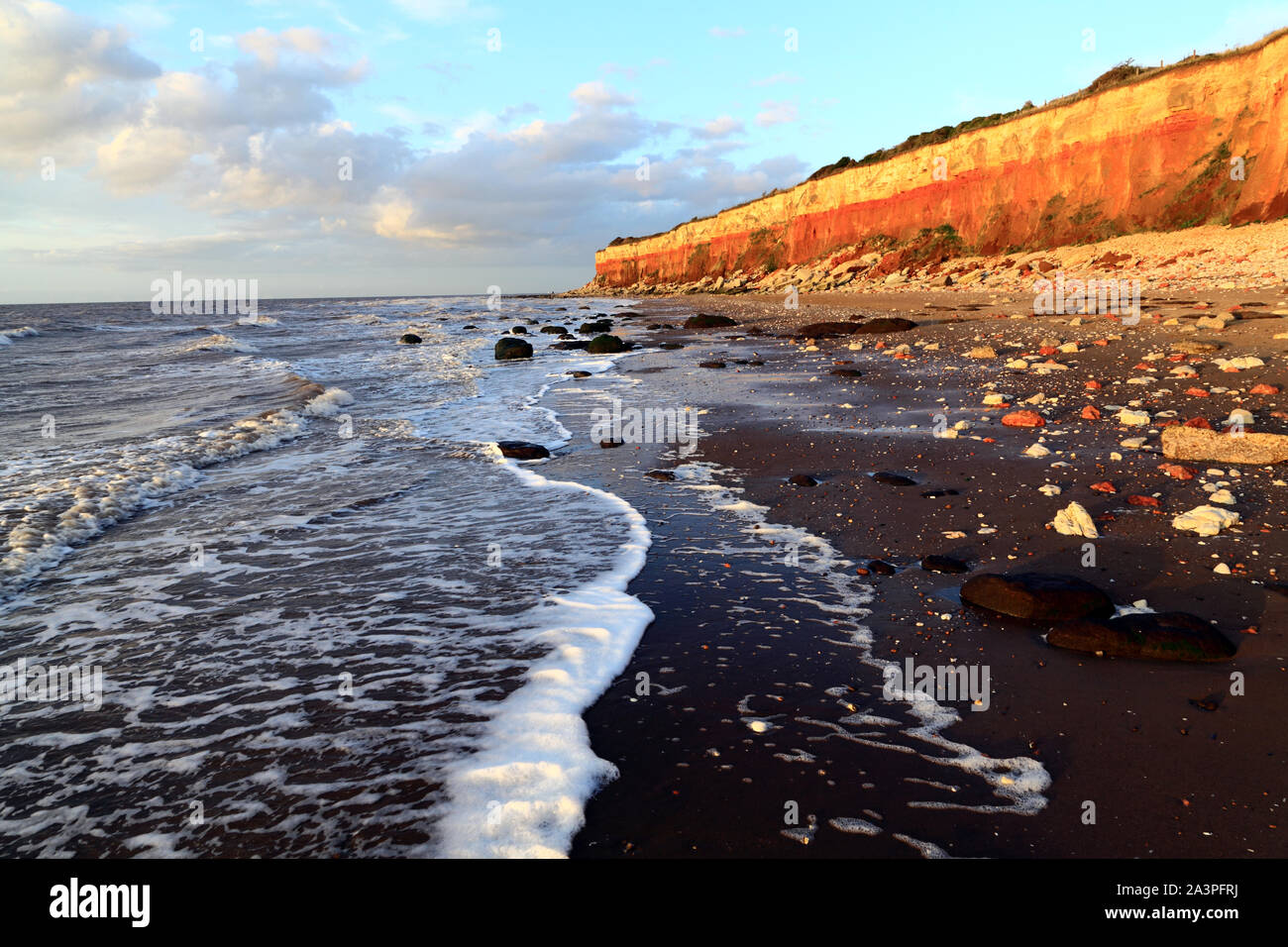 Old Hunstanton, striped cliffs, beach, The Wash, North Sea, Norfolk, England. Stock Photo