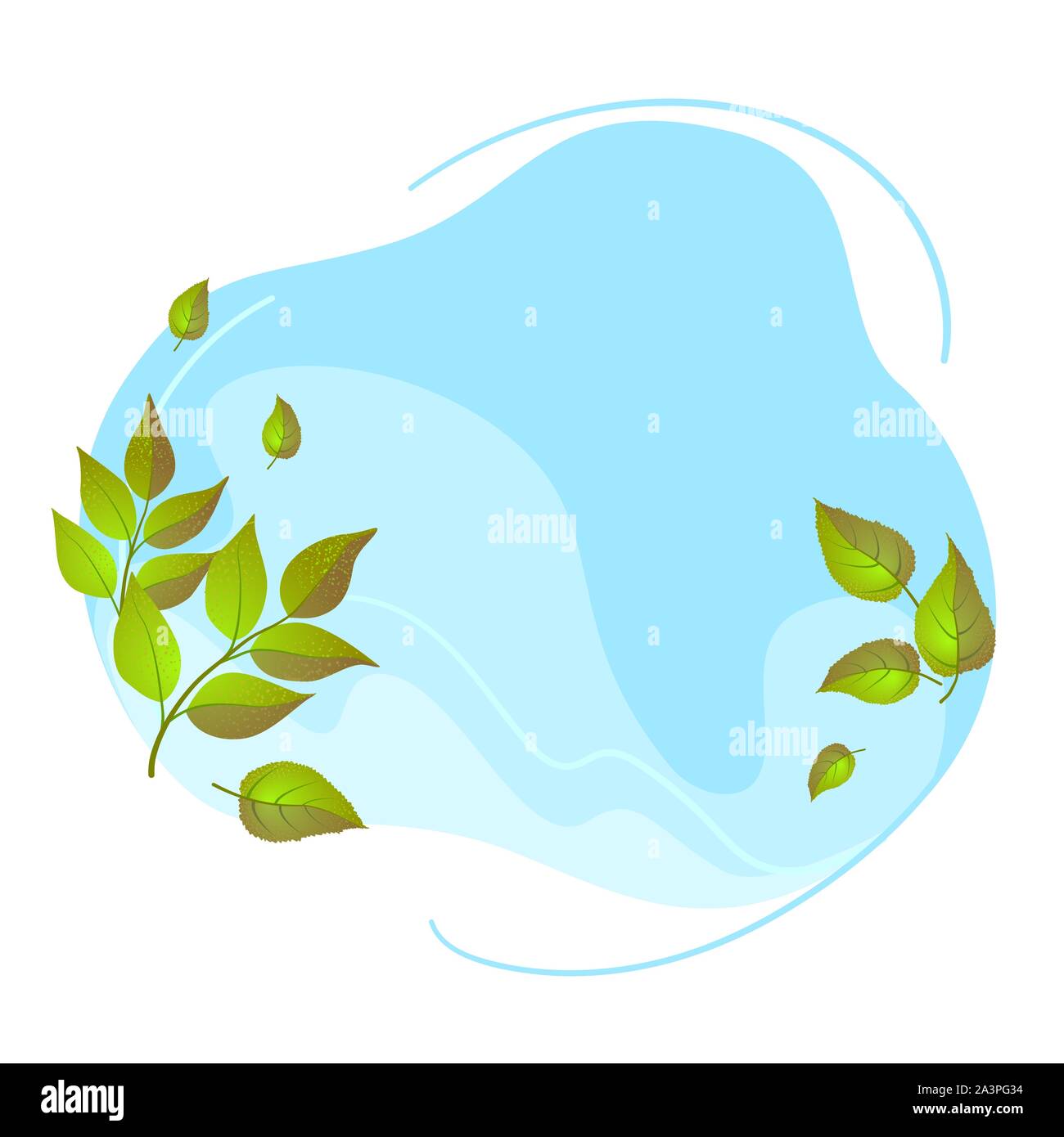 Liquid sky with green leaves concept. Copy space Season Outdoor abstract vector illustration. Spring nature background round shape. Organic design template in flat style on isolated white backdrop. Stock Vector