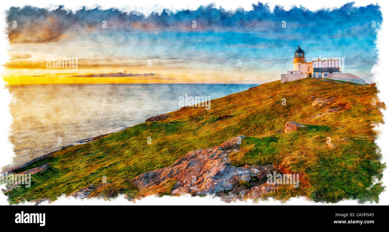 Watercolour painting of sunset at Stoer head lighthouse near Lochinver in the Highlands of Scotland Stock Photo