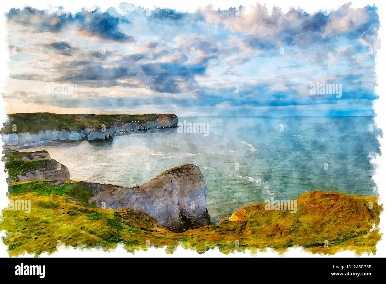 Water colour painting of chalk cliffs at Flamborough on the Yorkshire coastline Stock Photo