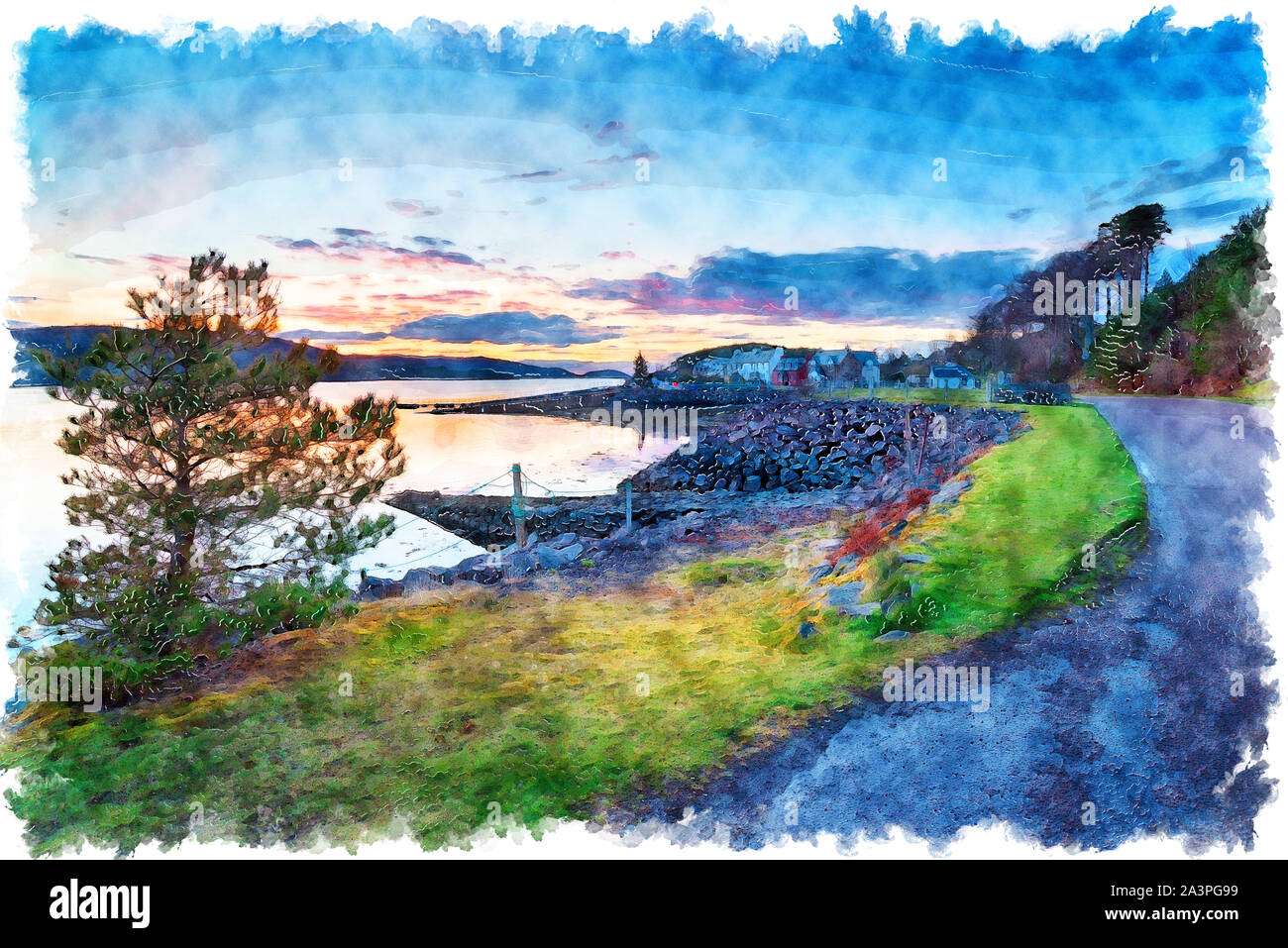 Watercolour painting of dusk over the harbour at Shieldaig a pretty village in the Highlands of Scotland and a stop over on the NC500 driving route Stock Photo