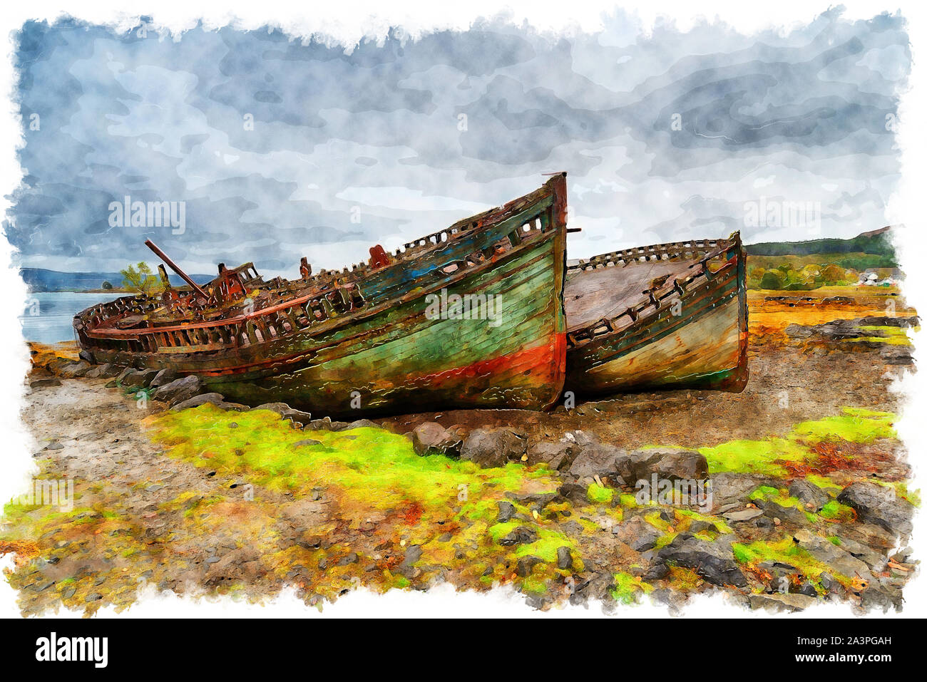 Watercolor painting of beached fishing boats on the shore at Salen on the Isle of Mull Stock Photo