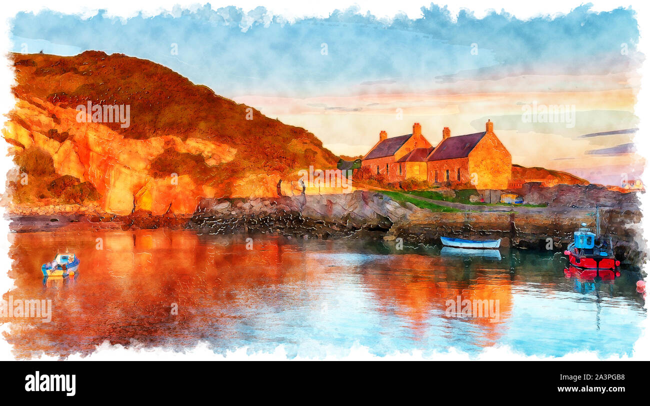 Watercolour painting of sunrise at Cove harbour on the east coast of Scotland Stock Photo
