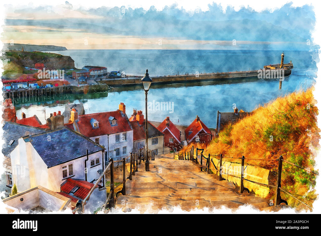 Watercolor painting of the 199 Steps at Whitby on the North Yorkshire coastline Stock Photo