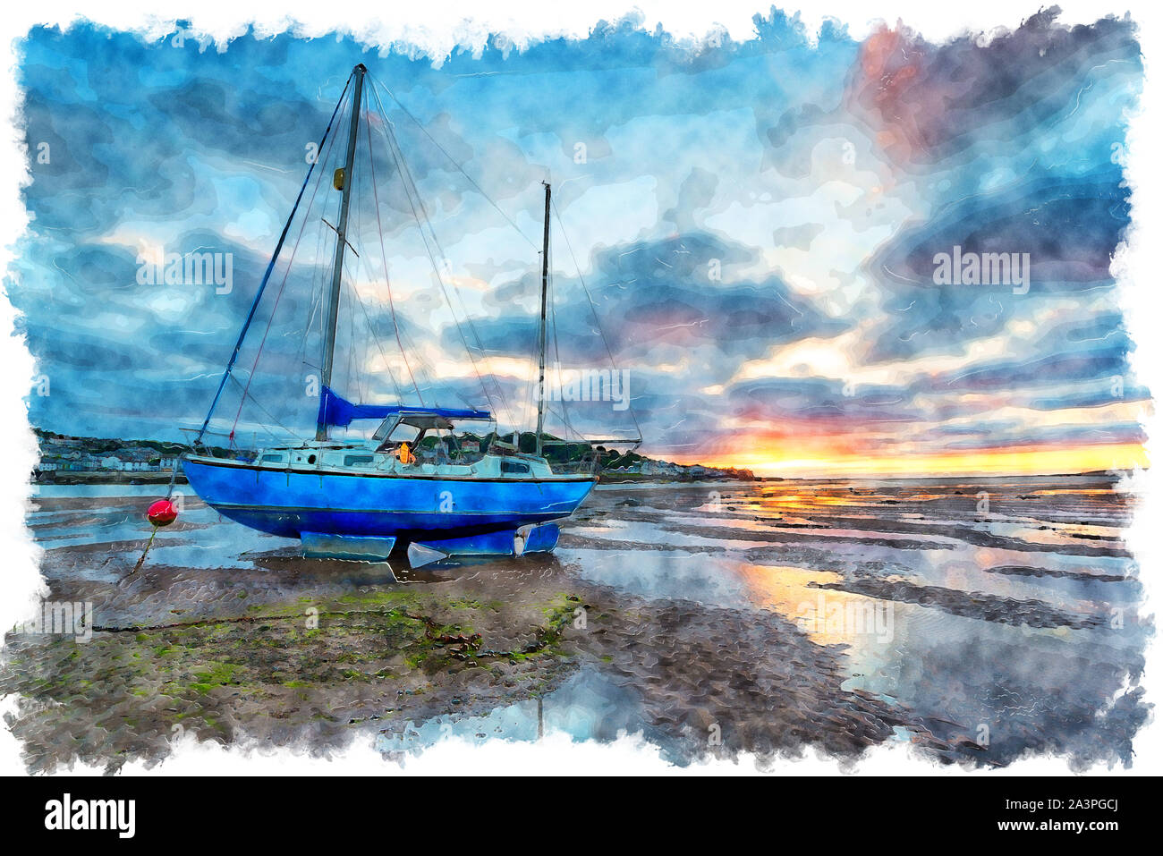 Watercolour painting of sunset over a sailing boat moored at Instow on the north coast of Devon Stock Photo