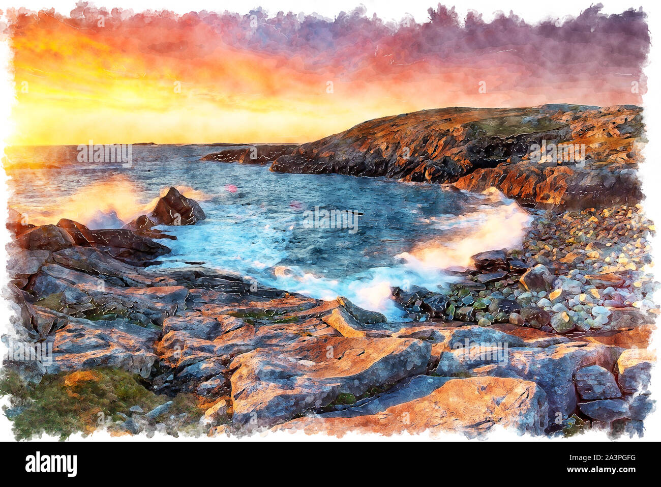 Water colour painting of a stunning sunset at Buaile Fainis cove near Mealista on the Isle of Lewis in the Outer Hebrides of Scotland Stock Photo