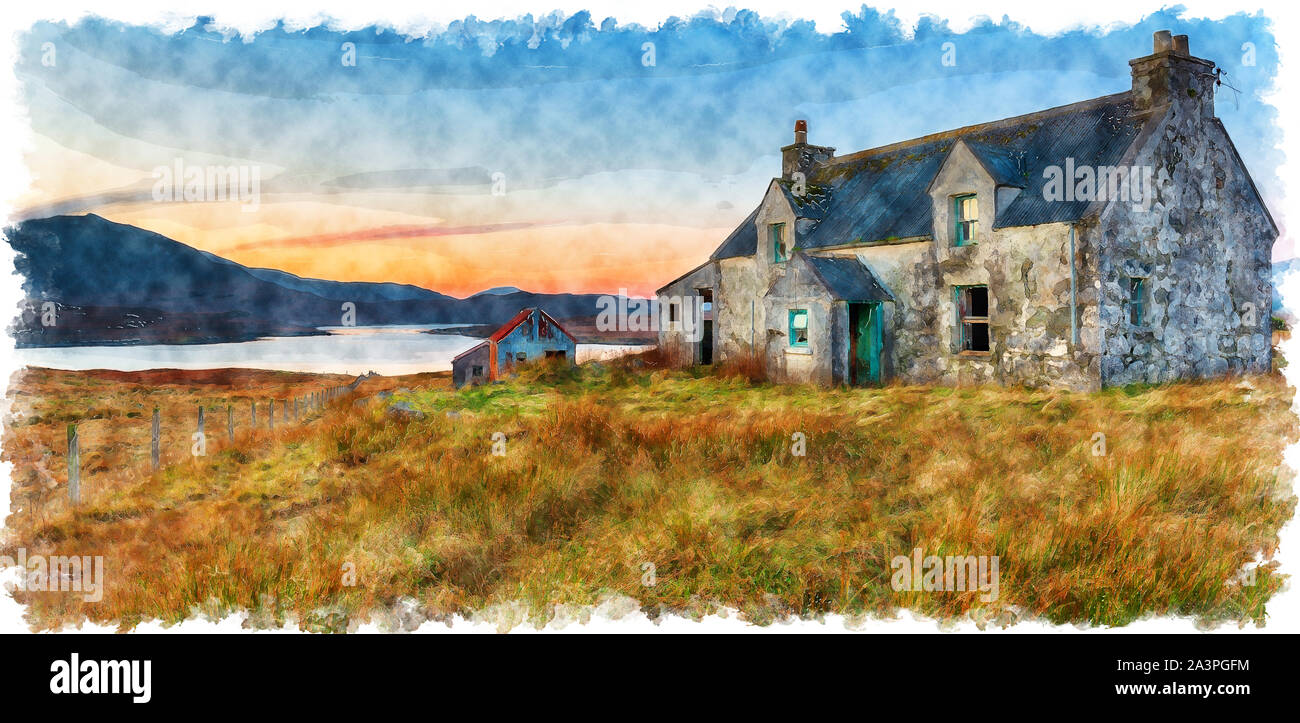 Watercolour painting of an abandoned cottage at Airidh a Bhruaich on