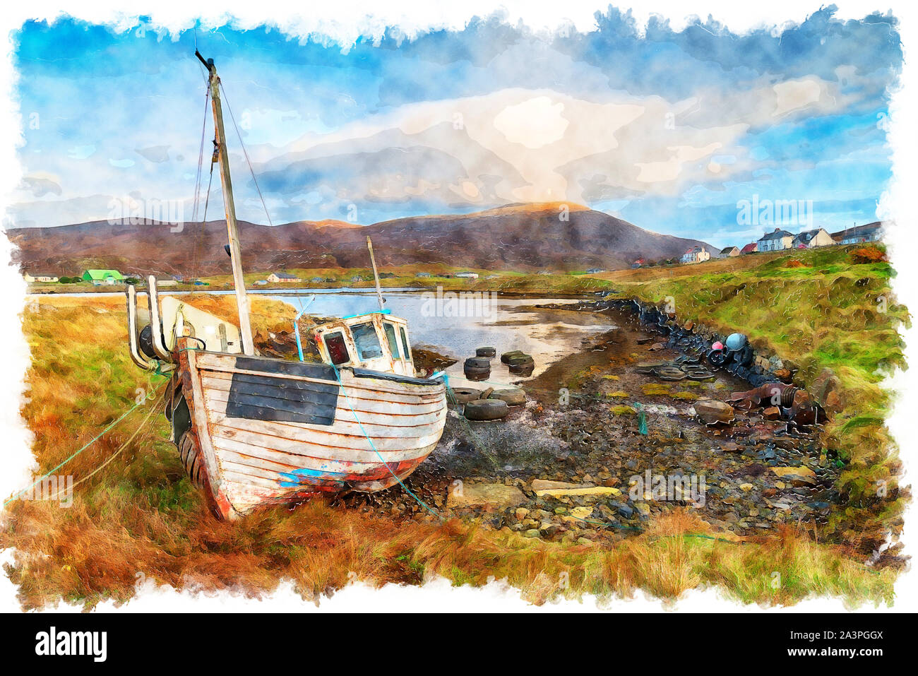 Watercolour painting of an old wooden fishing boat at Leverburgh on the Isle of Harris in the Outer Hebrides of Scotland Stock Photo