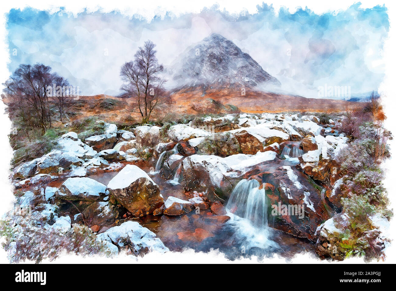 Watercolour painting of waterfalls at Buachaille Etive Mor after a dusting of snow Stock Photo