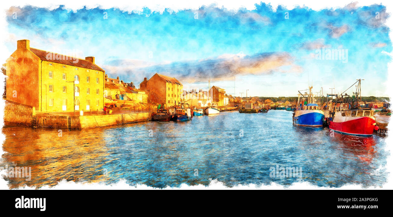Watercolour painting of golden evening light at Burghead harbour near Elgin on the east coast of Scotland Stock Photo