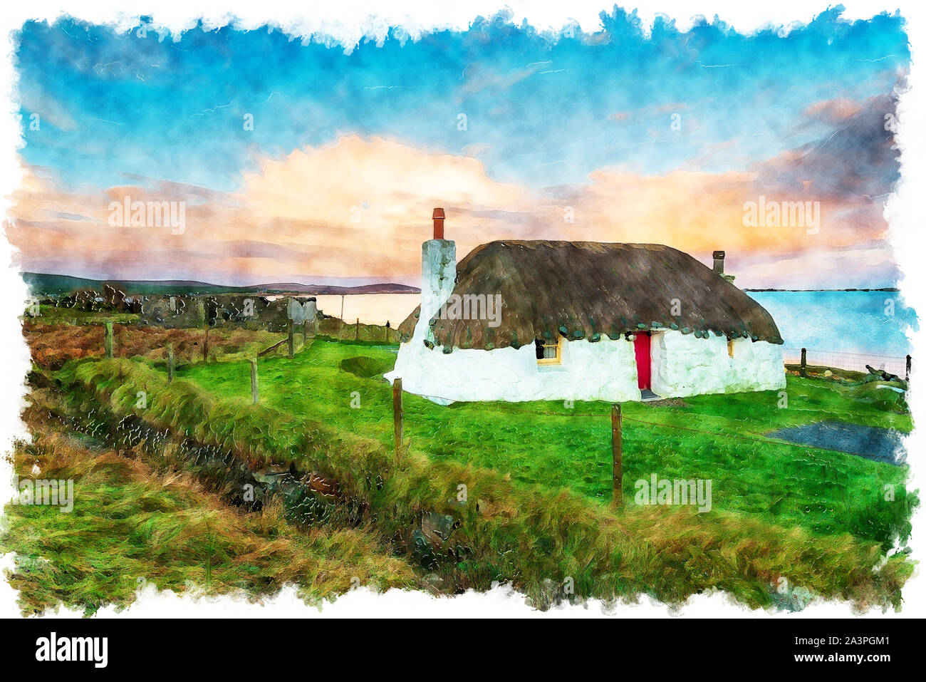 Watercolour painting of a pretty thatched cottagemat Malaclate on North Uist in the Western Isles of Scotland Stock Photo