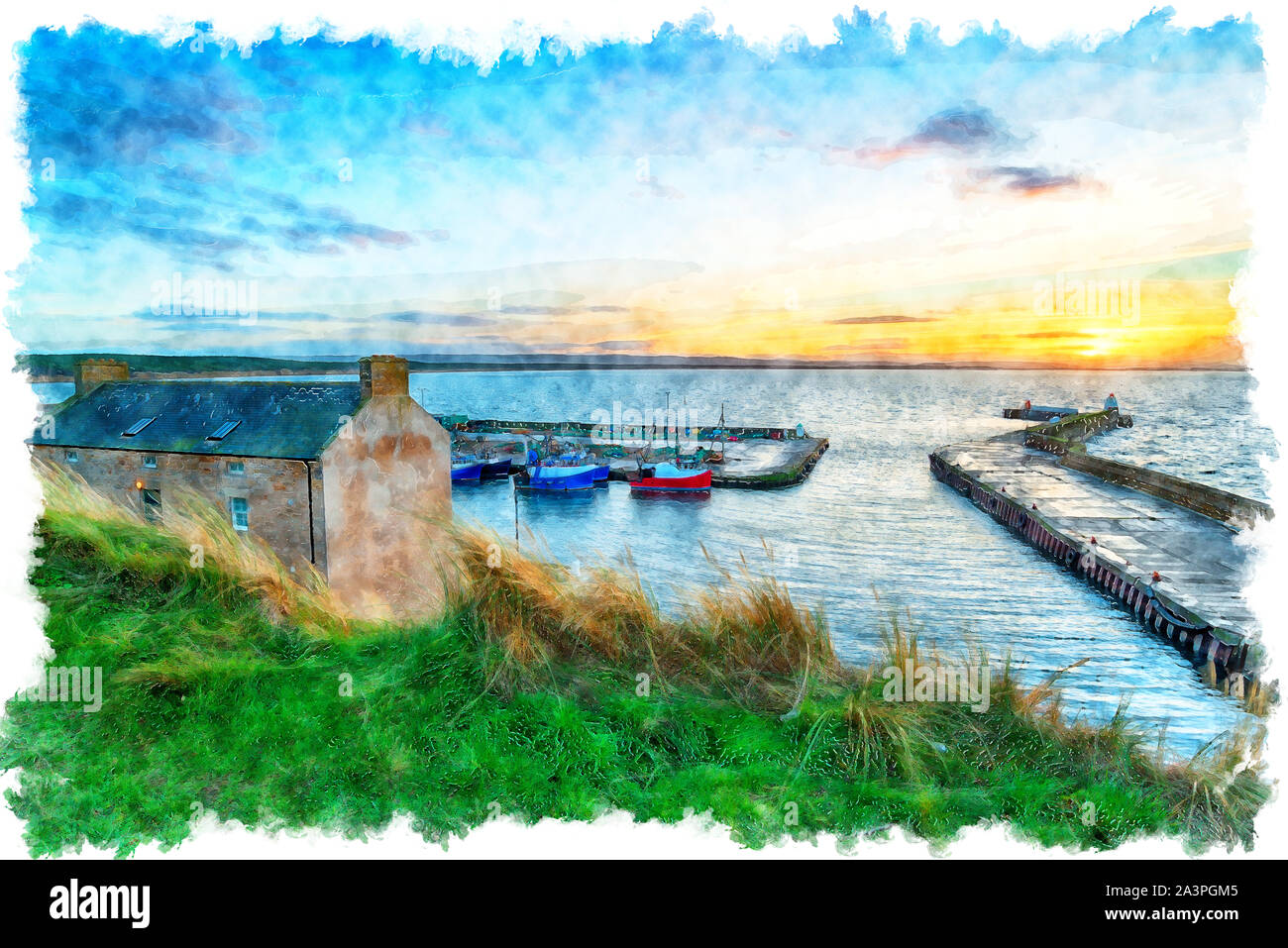 Watercolour painting of sunset over the harbour at Burghead near Elgin on the east coast of Scotland Stock Photo