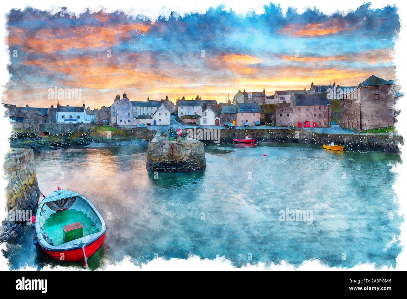 Watercolour painting of sunset over Portsoy a fishing village in Aberdeenshire on the east coast of Scotland Stock Photo
