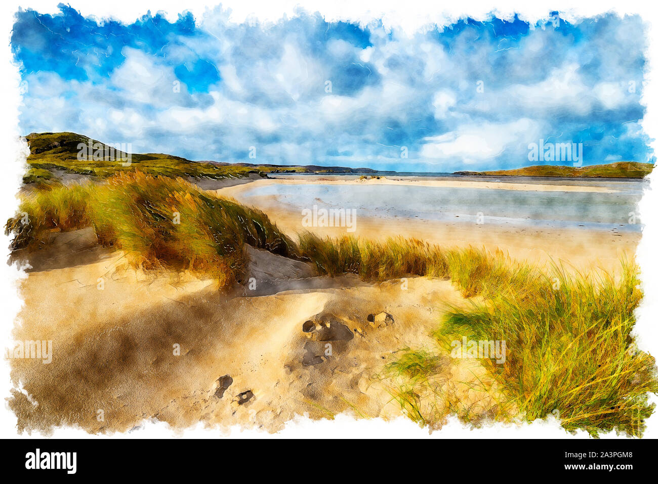 Watercolour painting of Uig Sands beach at Ardroil on the Isle of Lewis in the Outer Hebrides in Scotland Stock Photo