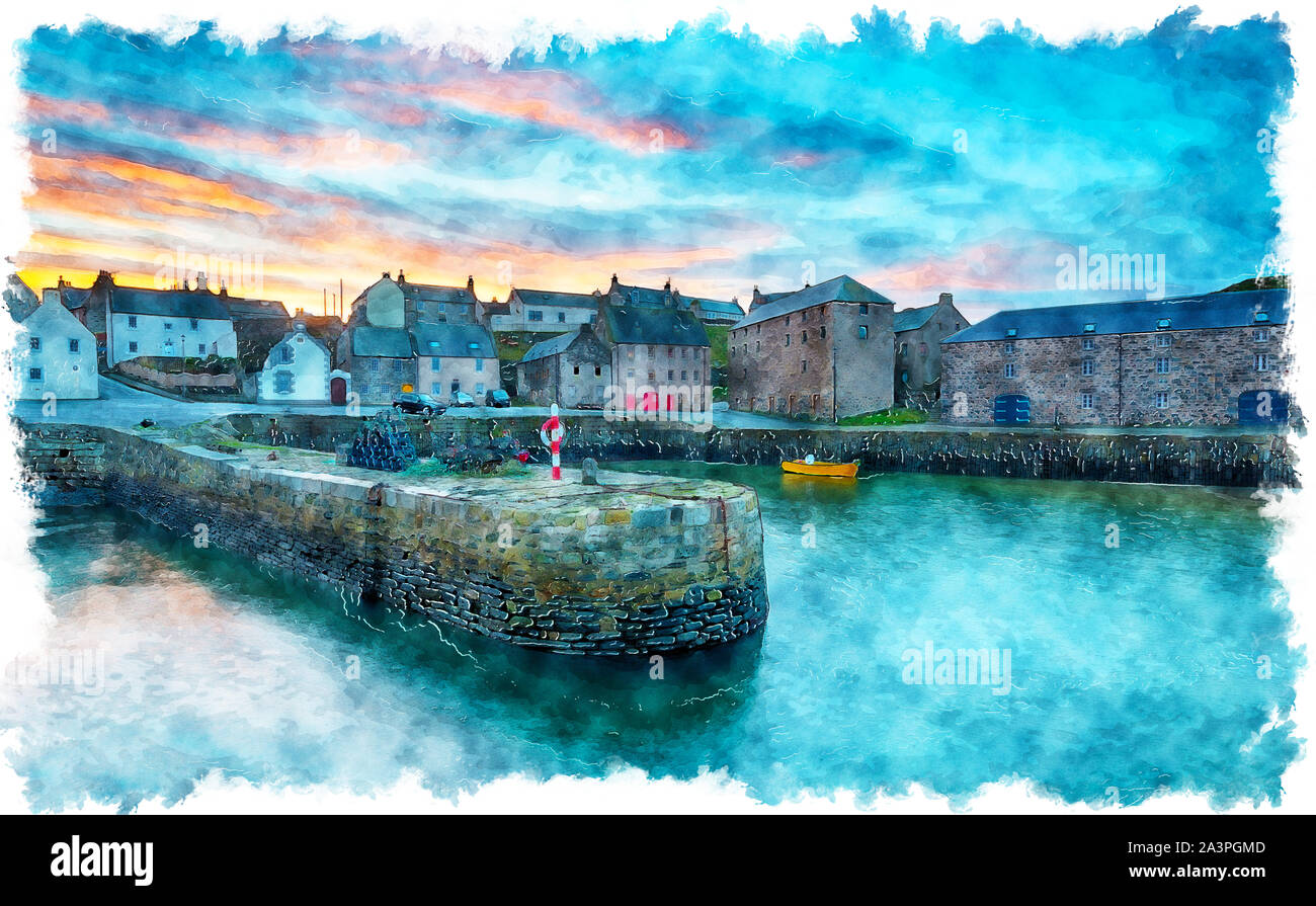 Watercolour painting of sunset at the pretty fishing harbour of Portsoy in Aberdeenshire in Scotland Stock Photo