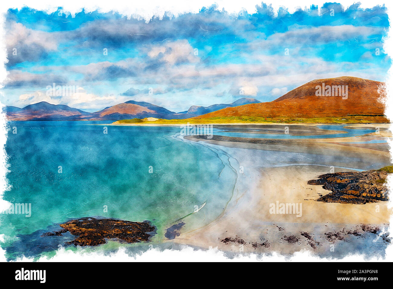 Watercolor painting of the view from Seilebost over to Luskentyre beach on the Ilse of Harris in Scotland Stock Photo