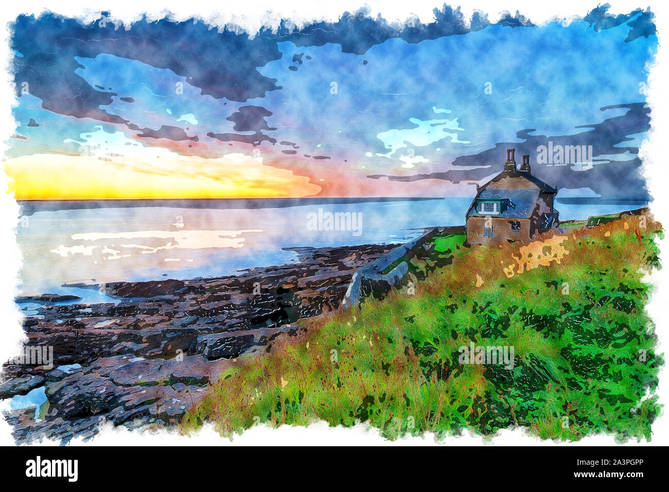 Watercolour painting of dawn over the Old Bathing House at Howick on the Northumberland coast Stock Photo
