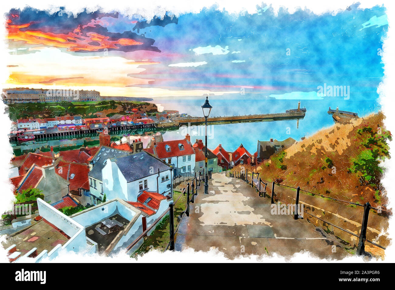 A watercolour painting of sunset over the 199 Steps leading down to Whitby harbour on the Yorkshire coast Stock Photo