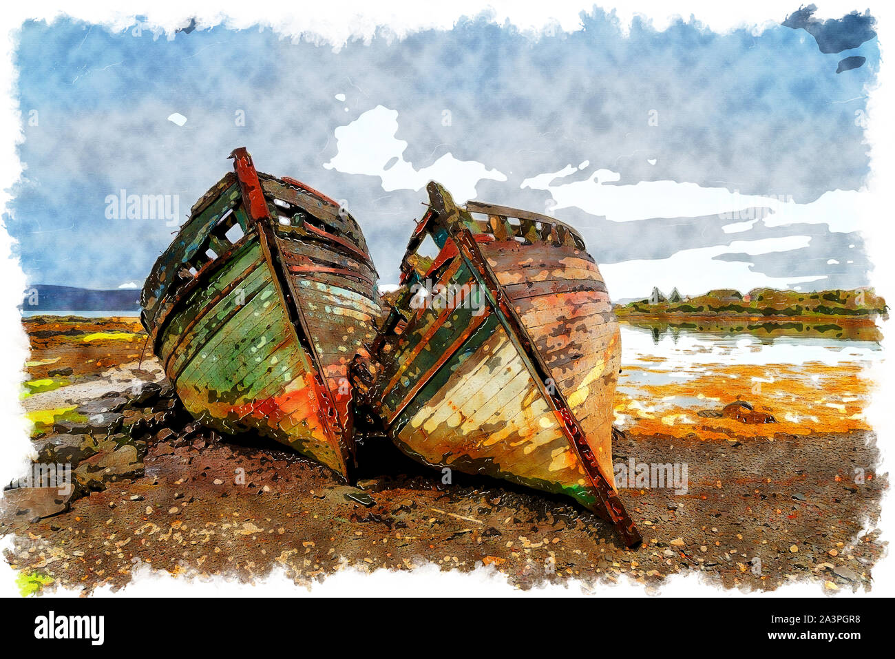 Watercolour painting of old boats on the shore at Salen on the Isle of Mull in Scotland Stock Photo