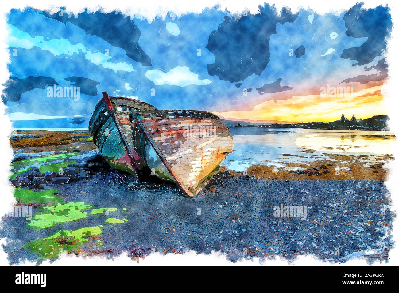 Watercolour painting of a stormy sunrise over abandoned fishing boats at Salen on the Isle of Mull in Scotland Stock Photo