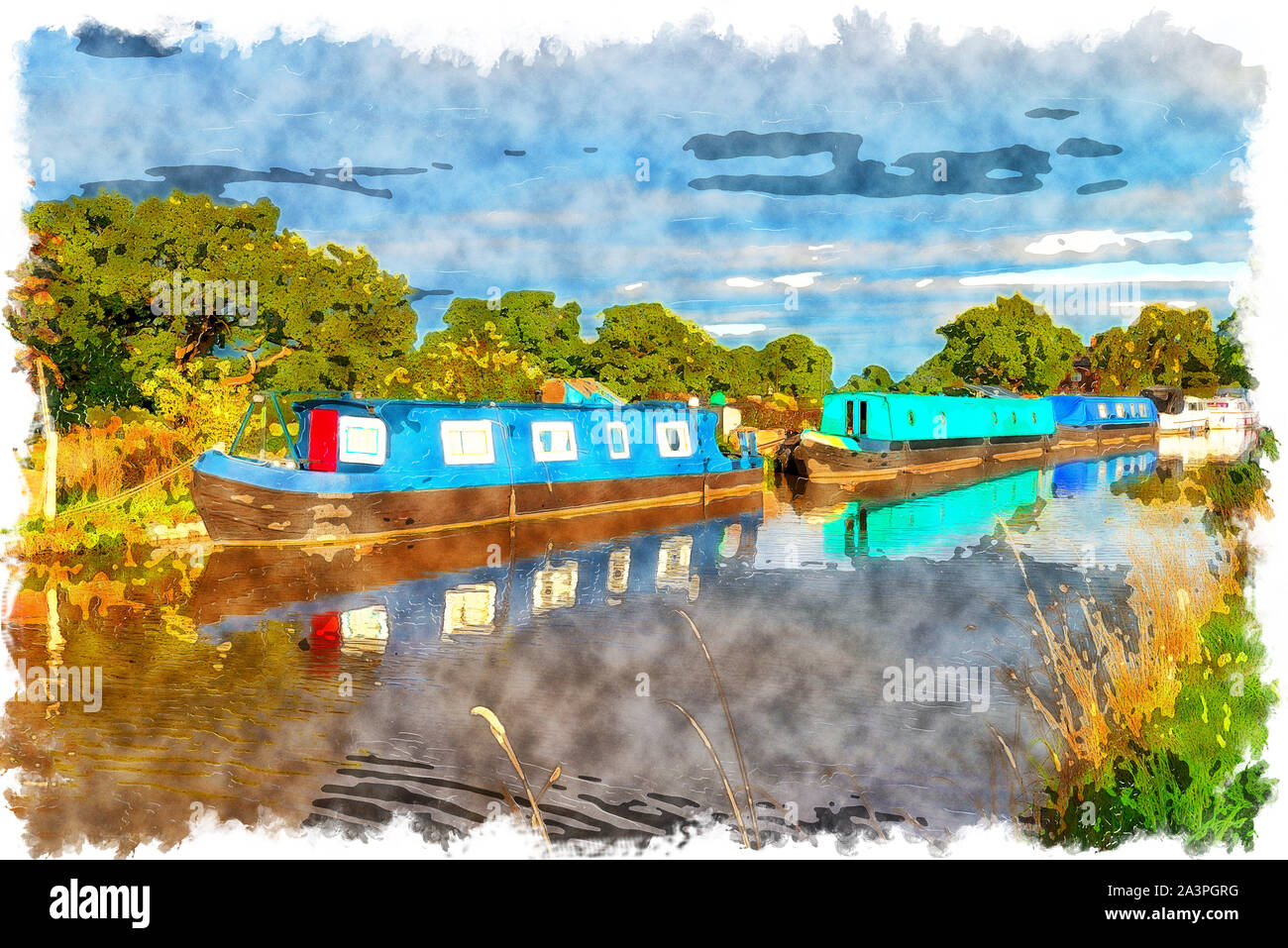 Watercolour painting of canal boats on the Shropshire Union Canal as it passes through Waverton in Cheshire Stock Photo